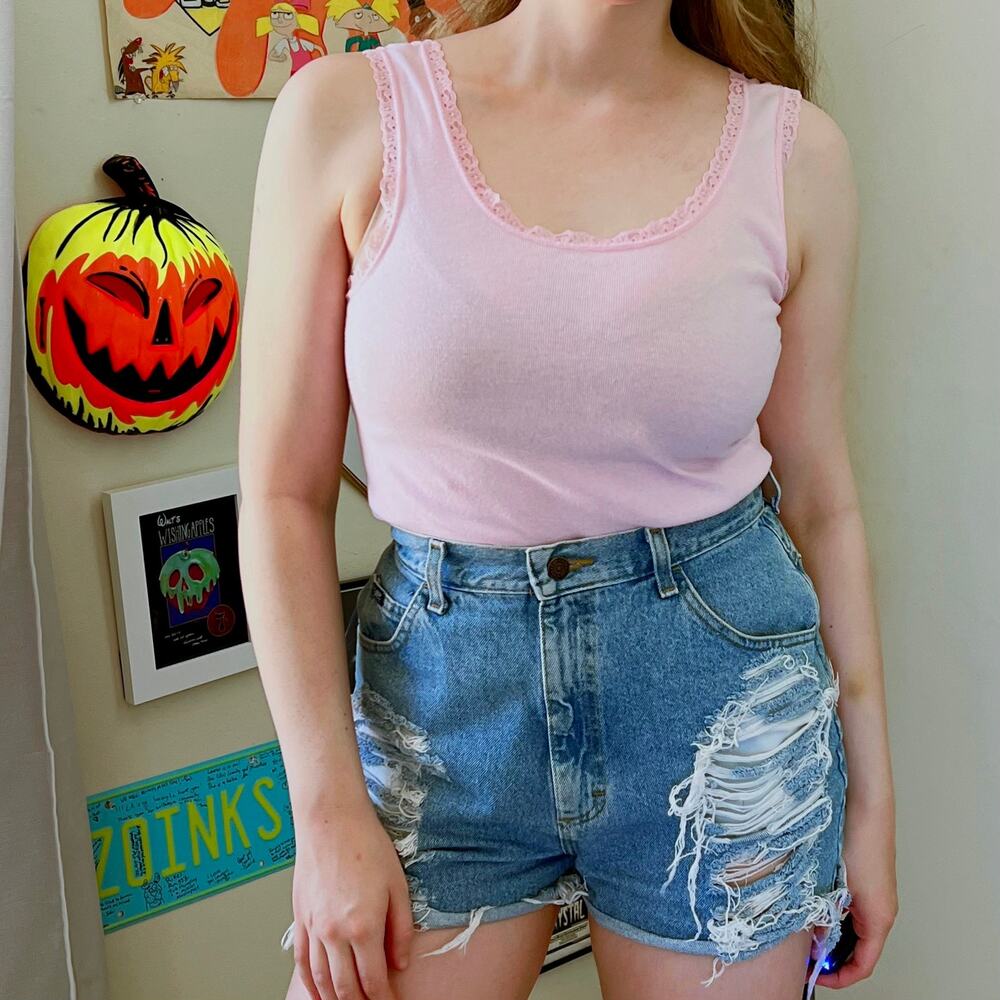 Vintage 1980s Variety Import Pale Pink Tank Top Size Large Lace Trim Undershirt